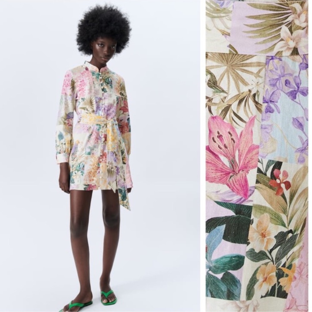 NWT. Zara Linen Blend Floral Print Mini Dress. Size M.